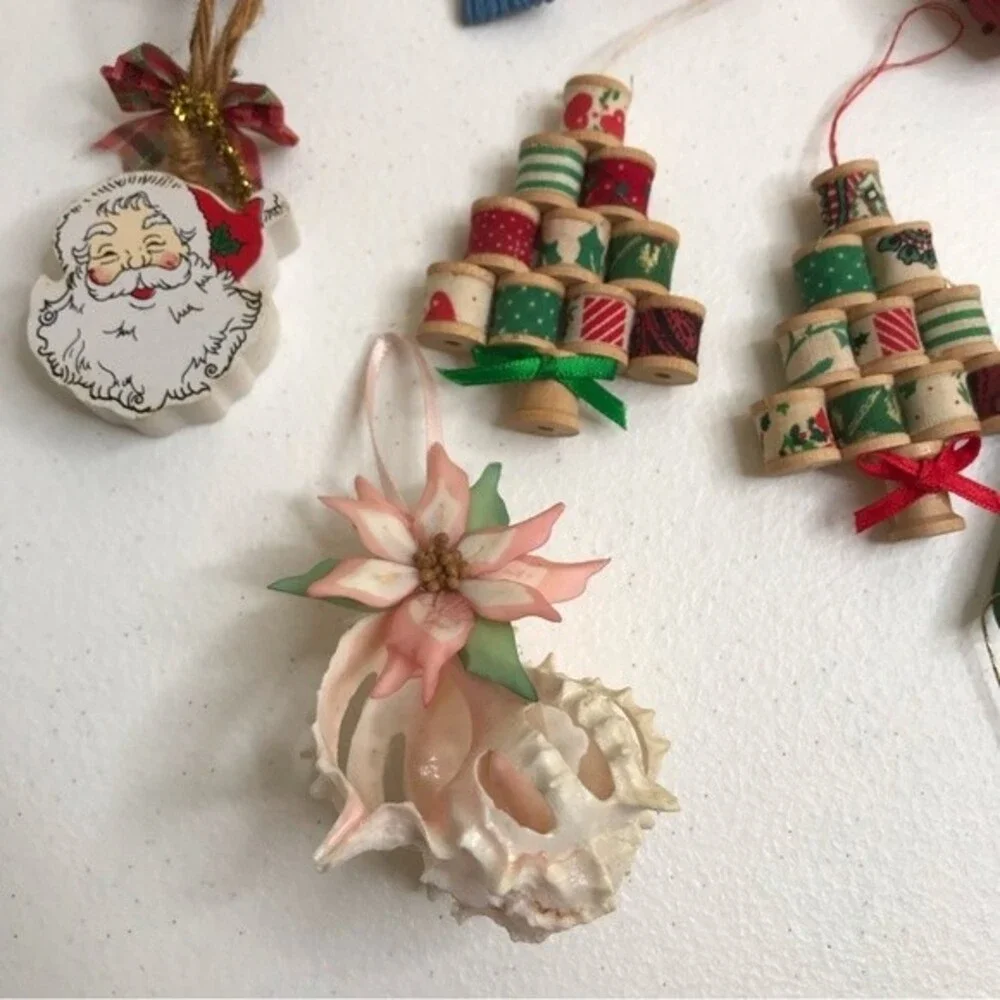 Vintage Assorted Christmas Ornaments Brass Bell Handmade Needlepoint Crochet Lot